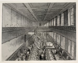 General Post Office, Letter Carriers Room arranged for dispatch of newspaps, a "London Interiors with their Costumes and Ceremonies" pub. Joseph Mead, London, 1843 körül (acélmetszet).
